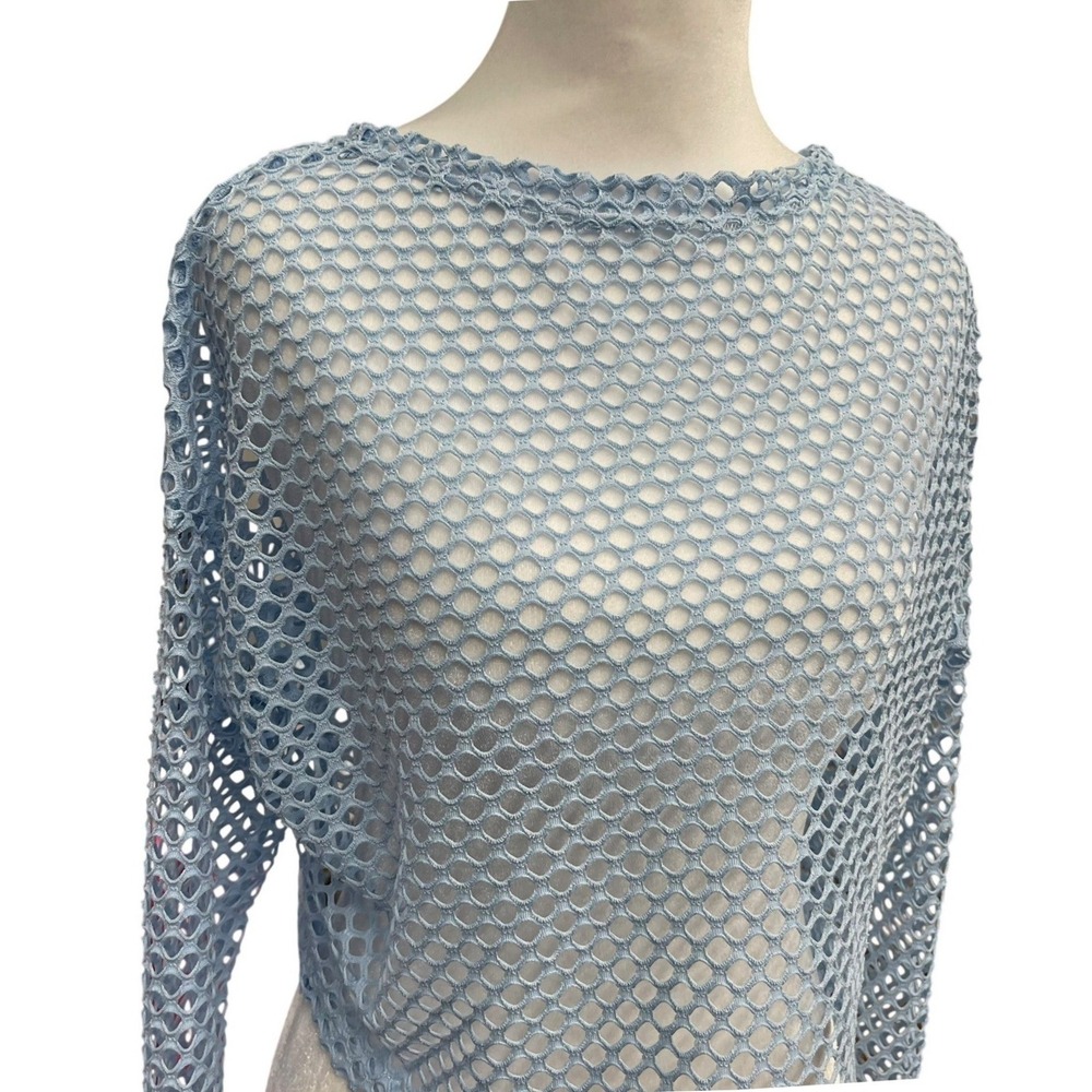 Light Blue Fishnet Mesh Crop Top Long Sleeve Open Knit Festival Shirt Womens - Picture 2 of 3